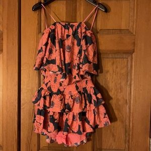 Coral and blue strapless open back romper